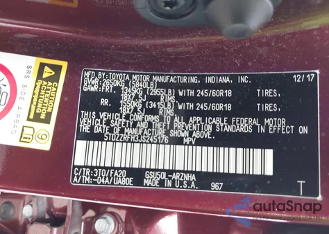 2018 Toyota Highlander Le Plus из США, поврежденный, VIN 5TDZZRFH3JS245176